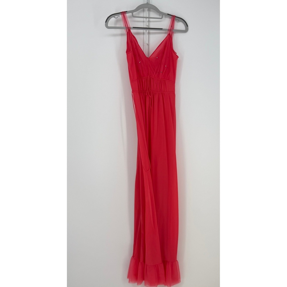 Carter's VTG Babydoll Nightgown Women 32 Coral Pink Sheer Rhinestone Maxi 60/70s
